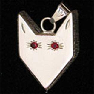 Wolf Walker Logo pendant with faceted red stone eyes set into sterling silver with texture sides that resembles fur